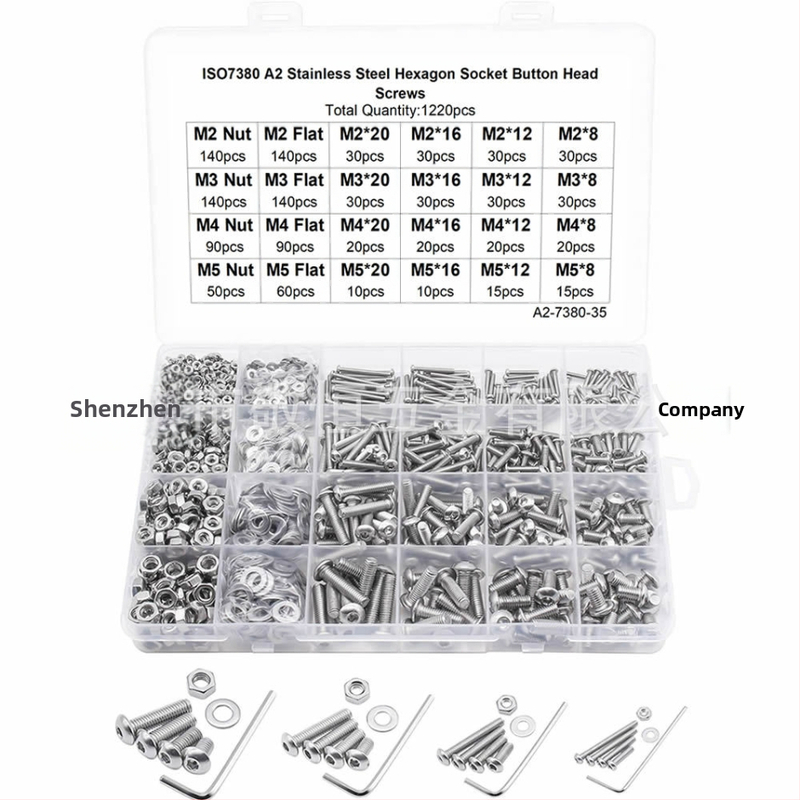 1220 бр. комплект неръждаема стомана 304: винтове с кръгла глава и вътрешна шестостенна глава, гайки и плоски шайби в кутия. Стандарт A2-7380-35; Бранд Jing Heng