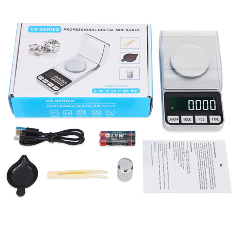 Precíz ékszer mérleg, modell 188A, teherbírás 50 g/0.001 g, méretek 7.4×14.2×3.6 cm, elektronikus, tápellátás USB vagy 2x AAA