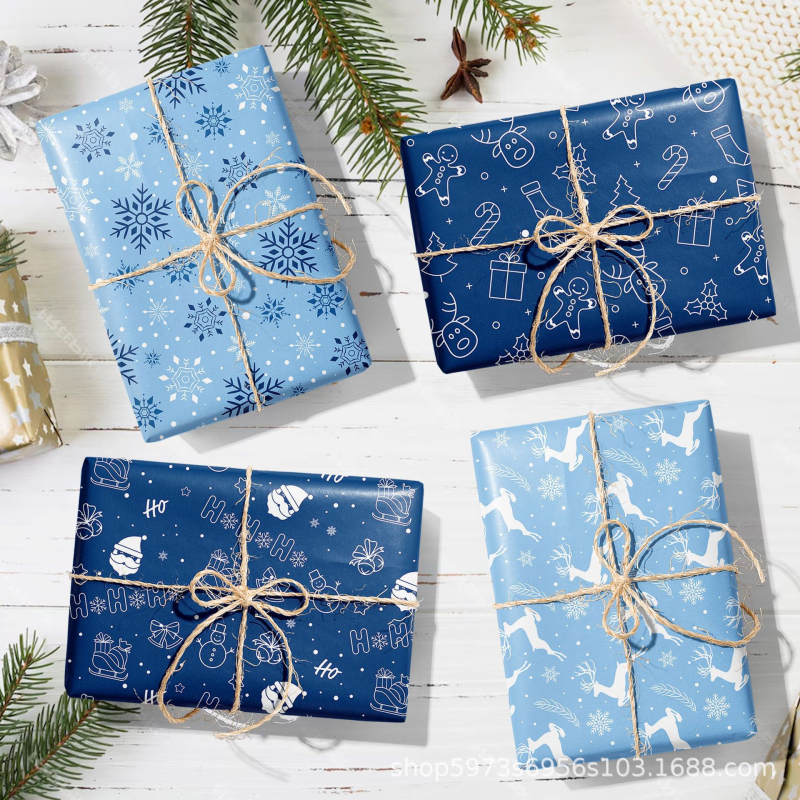 Χαρτί περιτυλίγματος δώρου με χριστουγεννιάτικο μοτίβο ελαφιού και νιφάδων χιονιού; Υλικό: συνθετικά υλικά; Στυλ: μοντέρνος μινιμαλισμός; Χρήση: εξωτερική συσκευασία δώρων