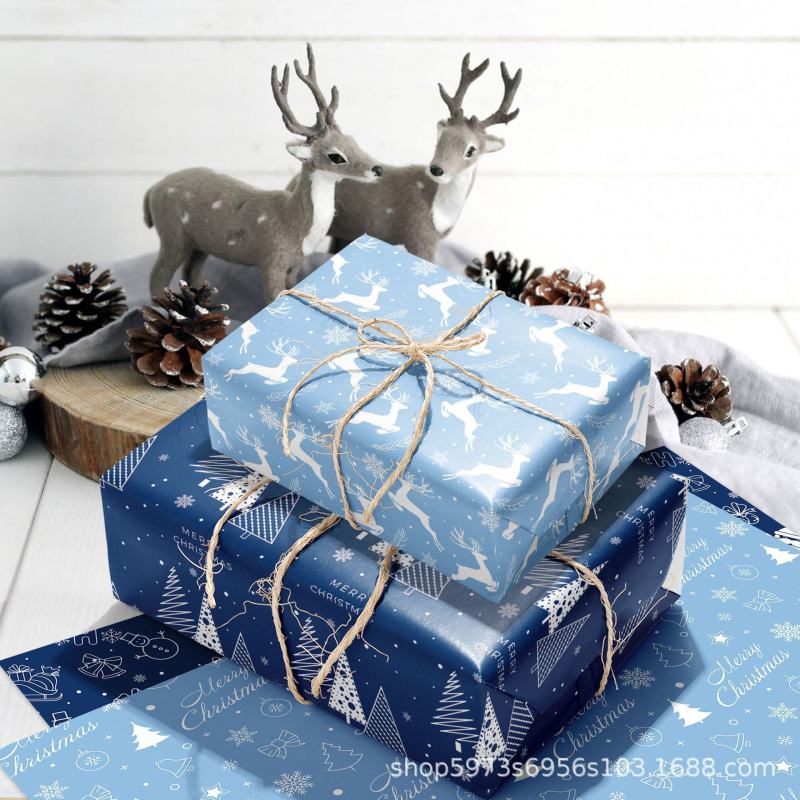 Χαρτί περιτυλίγματος δώρου με χριστουγεννιάτικο μοτίβο ελαφιού και νιφάδων χιονιού; Υλικό: συνθετικά υλικά; Στυλ: μοντέρνος μινιμαλισμός; Χρήση: εξωτερική συσκευασία δώρων