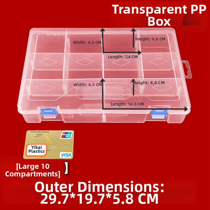 Голяма кутия за съхранение с 10 отделения, сваляема, многофункционална, от полипропилен, с капак, за подреждане на стикери и карти