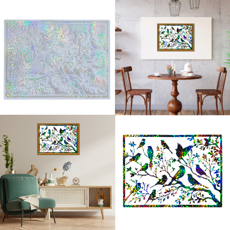 Silikoninė epoksidinės formos lapų ir paukščių sienų dekorui – netaisyklingos formos, holografinis dizainas