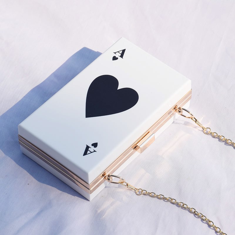 Ženská akrylová crossbody taška s motívom Ace of Spades, malý štvorcový tvar, uzáver s západkou, jedna dĺžka popruhu