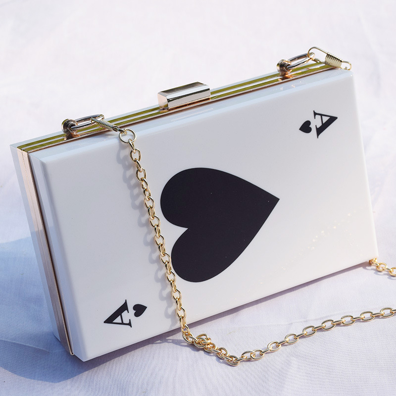 Ženská akrylová crossbody taška s motívom Ace of Spades, malý štvorcový tvar, uzáver s západkou, jedna dĺžka popruhu