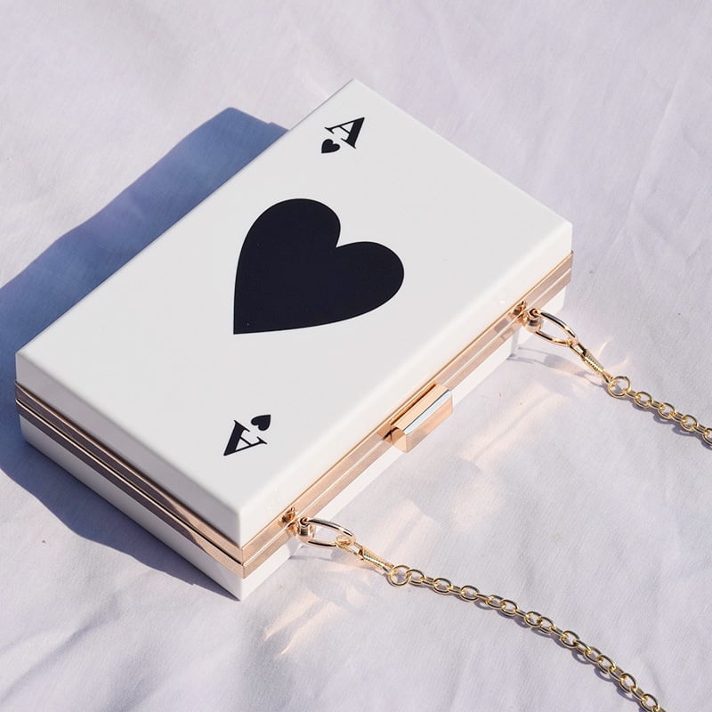Ženská akrylová crossbody taška s motívom Ace of Spades, malý štvorcový tvar, uzáver s západkou, jedna dĺžka popruhu