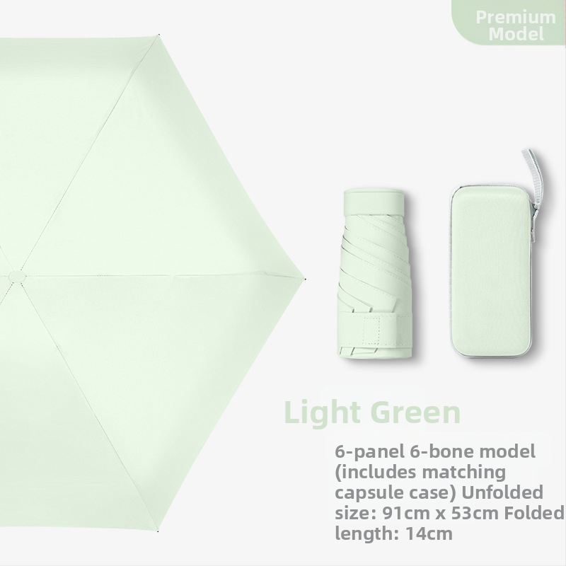 Kapsulinio tipo skėtis moterims, 6 rėmų, 210T audinys, UPF >40, rankinis atidarymas‑uždarymas, svoris 220 g