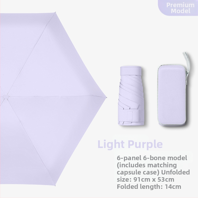 Kapsulinio tipo skėtis moterims, 6 rėmų, 210T audinys, UPF >40, rankinis atidarymas‑uždarymas, svoris 220 g