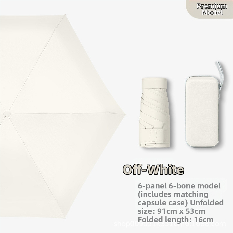 Kapsulinio tipo skėtis moterims, 6 rėmų, 210T audinys, UPF >40, rankinis atidarymas‑uždarymas, svoris 220 g