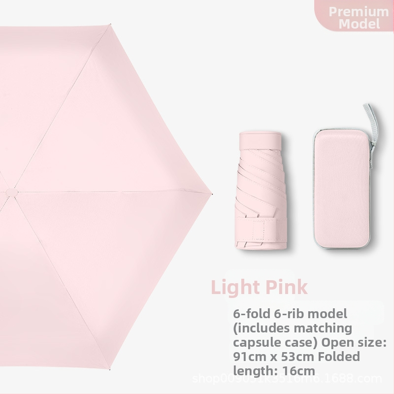 Kapsulinio tipo skėtis moterims, 6 rėmų, 210T audinys, UPF >40, rankinis atidarymas‑uždarymas, svoris 220 g