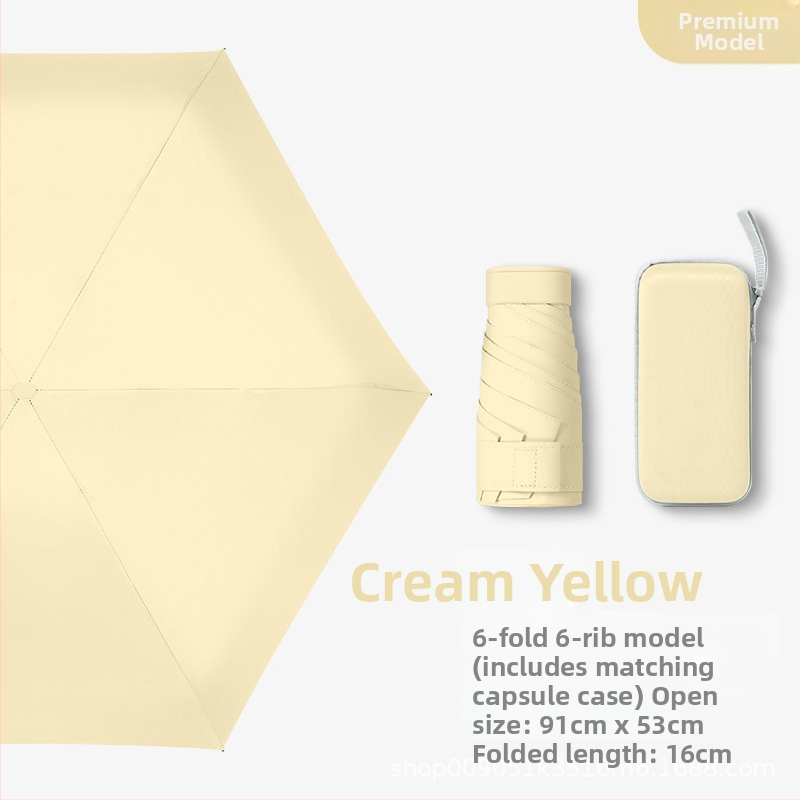 Kapsulinio tipo skėtis moterims, 6 rėmų, 210T audinys, UPF >40, rankinis atidarymas‑uždarymas, svoris 220 g