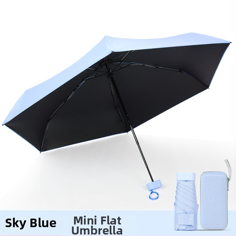 Kapsulinio tipo skėtis moterims, 6 rėmų, 210T audinys, UPF >40, rankinis atidarymas‑uždarymas, svoris 220 g