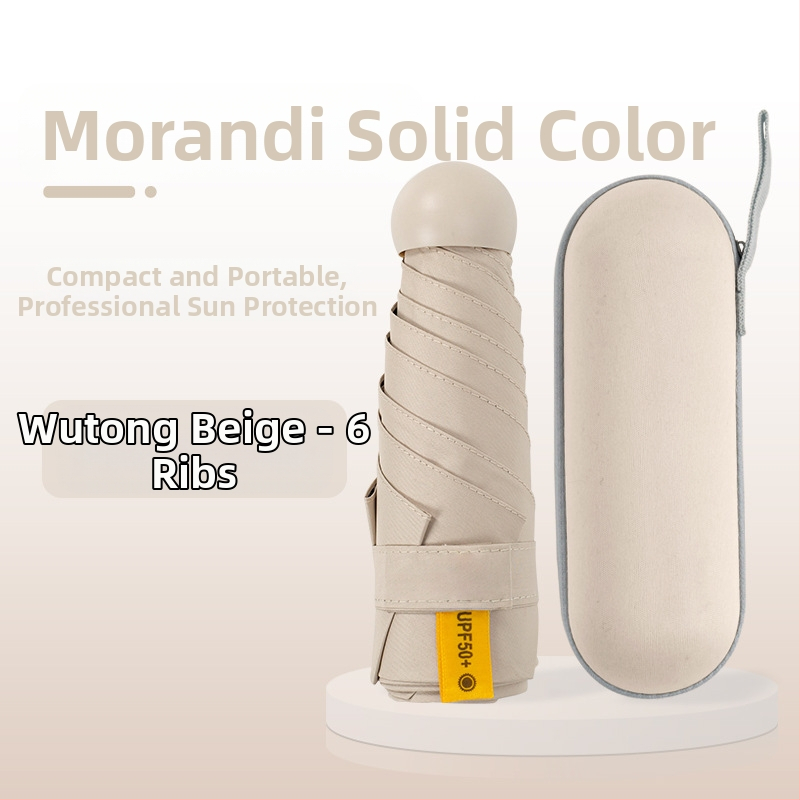 Kapsulinio tipo skėtis moterims, 6 rėmų, 210T audinys, UPF >40, rankinis atidarymas‑uždarymas, svoris 220 g