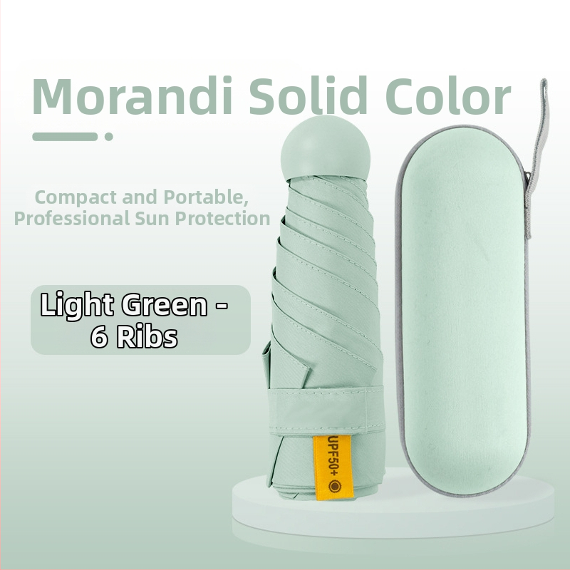 Kapsulinio tipo skėtis moterims, 6 rėmų, 210T audinys, UPF >40, rankinis atidarymas‑uždarymas, svoris 220 g