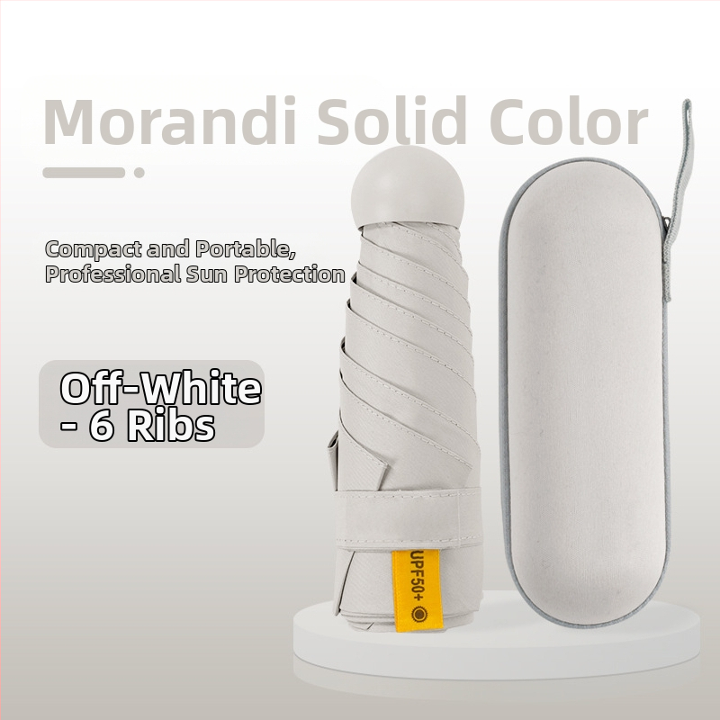 Kapsulinio tipo skėtis moterims, 6 rėmų, 210T audinys, UPF >40, rankinis atidarymas‑uždarymas, svoris 220 g