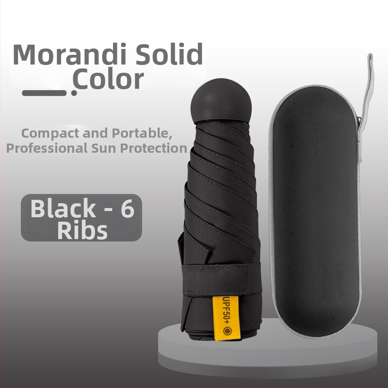 Kapsulinio tipo skėtis moterims, 6 rėmų, 210T audinys, UPF >40, rankinis atidarymas‑uždarymas, svoris 220 g