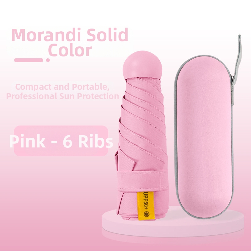 Kapsulinio tipo skėtis moterims, 6 rėmų, 210T audinys, UPF >40, rankinis atidarymas‑uždarymas, svoris 220 g