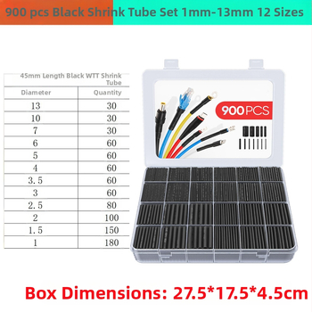 Heat shrink tubing комплект, 900 бр., 2:1 свиване, огнеупорен полиеолефин VM-1, ROHS сертифициран