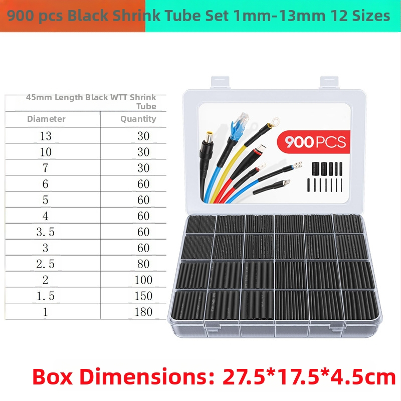 Heat shrink tubing комплект, 900 бр., 2:1 свиване, огнеупорен полиеолефин VM-1, ROHS сертифициран