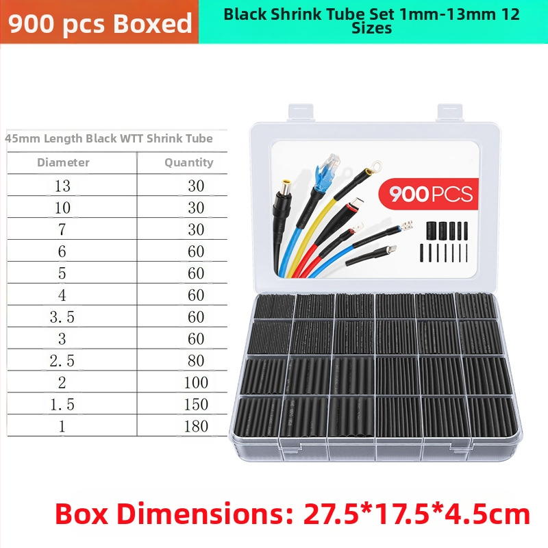 Heat shrink tubing комплект, 900 бр., 2:1 свиване, огнеупорен полиеолефин VM-1, ROHS сертифициран