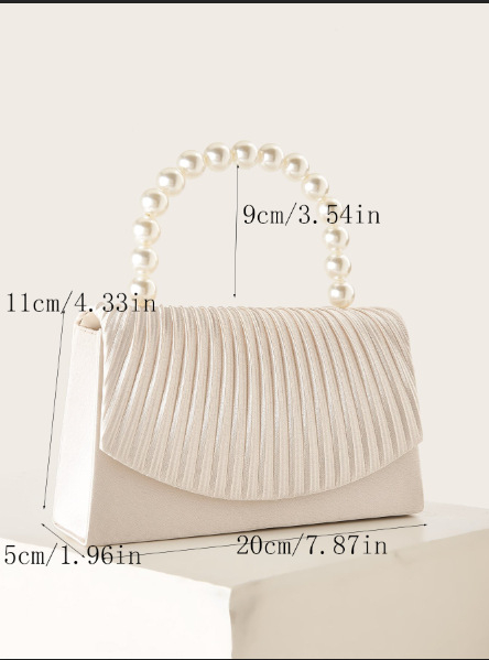 Crossbody táska selyemredőkkel és gyöngyös fogantyúval, csíkos dizájn (Anyag: Milan cloth; Forma: vízszintes négyzet; Nyitás: mágnescsat; Bélelés: poliészter; Keménység: közepes - lágy)