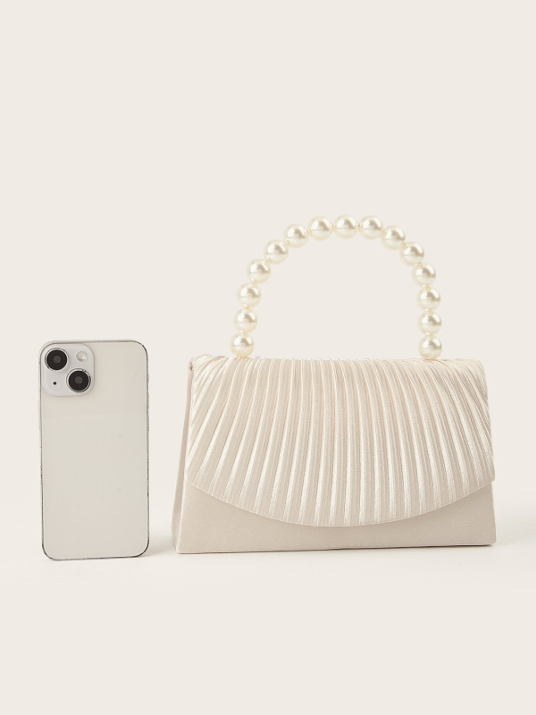 Crossbody táska selyemredőkkel és gyöngyös fogantyúval, csíkos dizájn (Anyag: Milan cloth; Forma: vízszintes négyzet; Nyitás: mágnescsat; Bélelés: poliészter; Keménység: közepes - lágy)