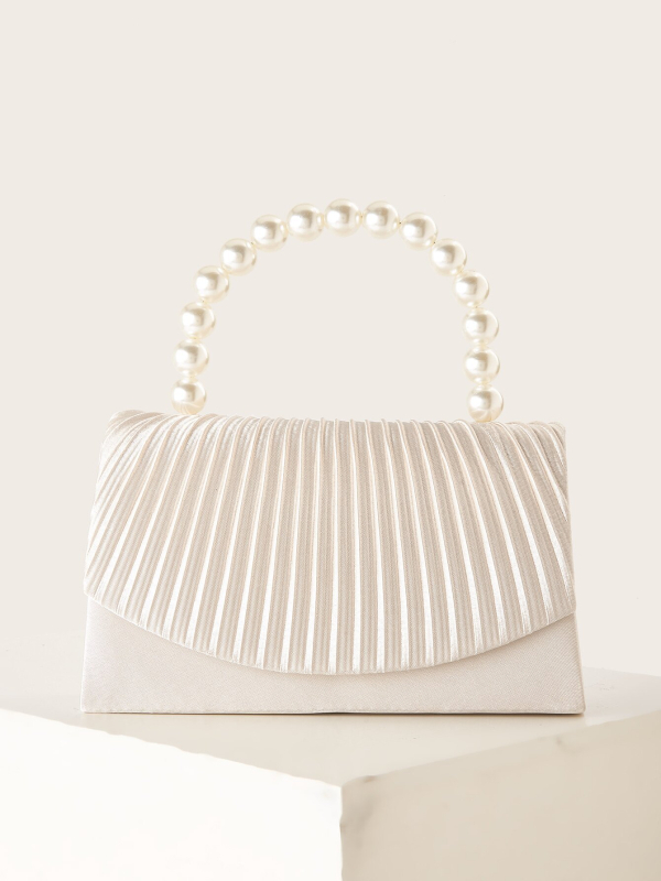 Crossbody táska selyemredőkkel és gyöngyös fogantyúval, csíkos dizájn (Anyag: Milan cloth; Forma: vízszintes négyzet; Nyitás: mágnescsat; Bélelés: poliészter; Keménység: közepes - lágy)