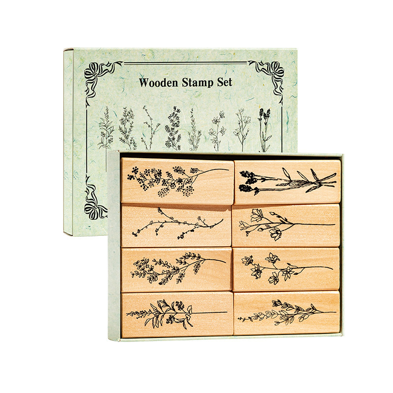 Set drvenih pečata u drvenoj kutiji za cvijeće i biljke – moderni minimalistički stil, djelomično ručna i djelomično mehanička izrada