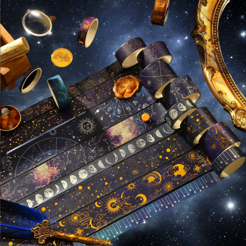 Washi juosta su žvaigždėtu dangumi ir kosminiais motyvais, animacinio stiliaus, spausdinama ant popieriaus