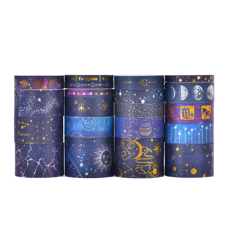 Washi juosta su žvaigždėtu dangumi ir kosminiais motyvais, animacinio stiliaus, spausdinama ant popieriaus