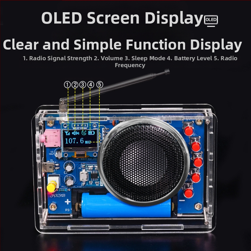 OLED дисплей радиокомплект за сглобяване – презареждаема FM радиоплатка за DIY проекти