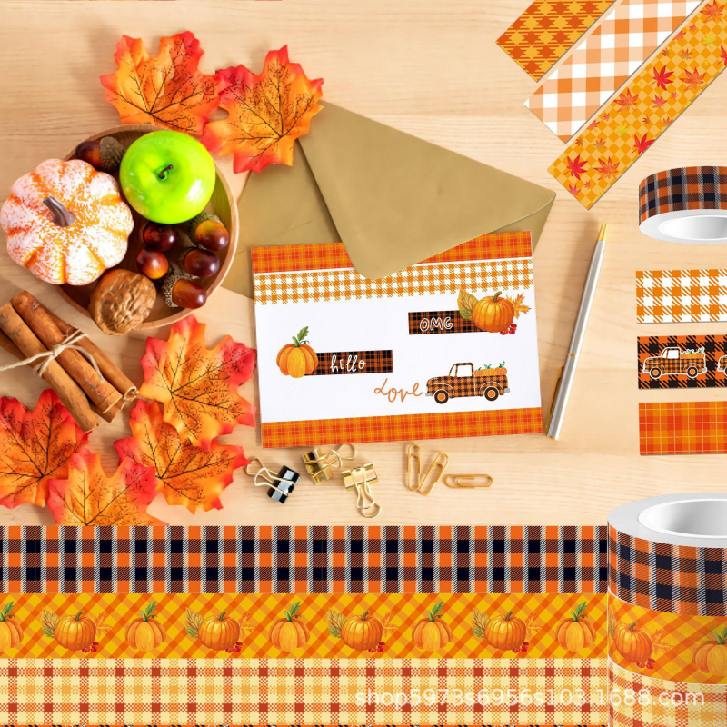 DIY paket materijala za dnevnik: prozirna ljepljiva rola i papirnata traka s kariranim uzorkom lišća javora i bundeve — Marka Idle description; Prilagodba po narudžbi dostupna; Uvoz: Ne; Poklon: Ne