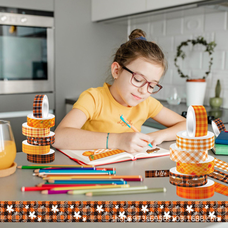 DIY paket materijala za dnevnik: prozirna ljepljiva rola i papirnata traka s kariranim uzorkom lišća javora i bundeve — Marka Idle description; Prilagodba po narudžbi dostupna; Uvoz: Ne; Poklon: Ne