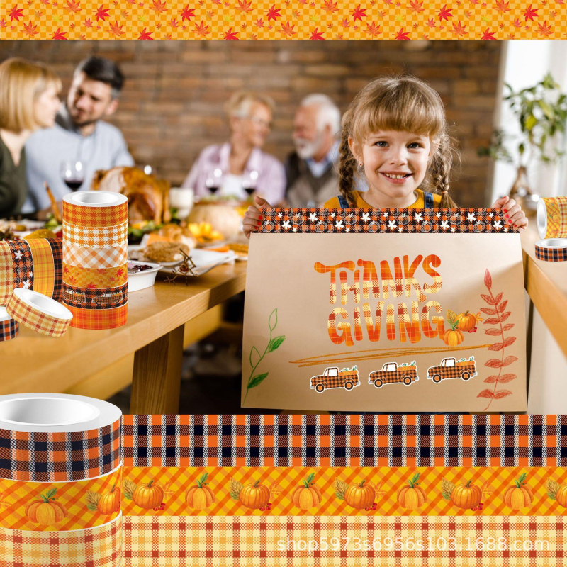 DIY paket materijala za dnevnik: prozirna ljepljiva rola i papirnata traka s kariranim uzorkom lišća javora i bundeve — Marka Idle description; Prilagodba po narudžbi dostupna; Uvoz: Ne; Poklon: Ne