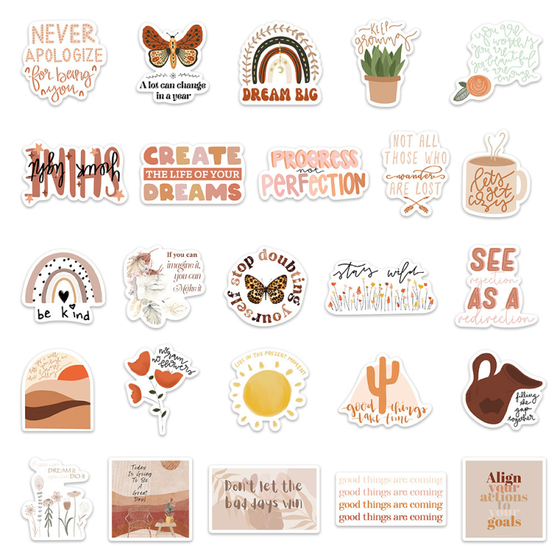 Bohemia ihletésű slogan matricák készlet, PVC anyagú, modern minimalist stílus, matrica kivitel, nyomtatott logó, testreszabás nélkül