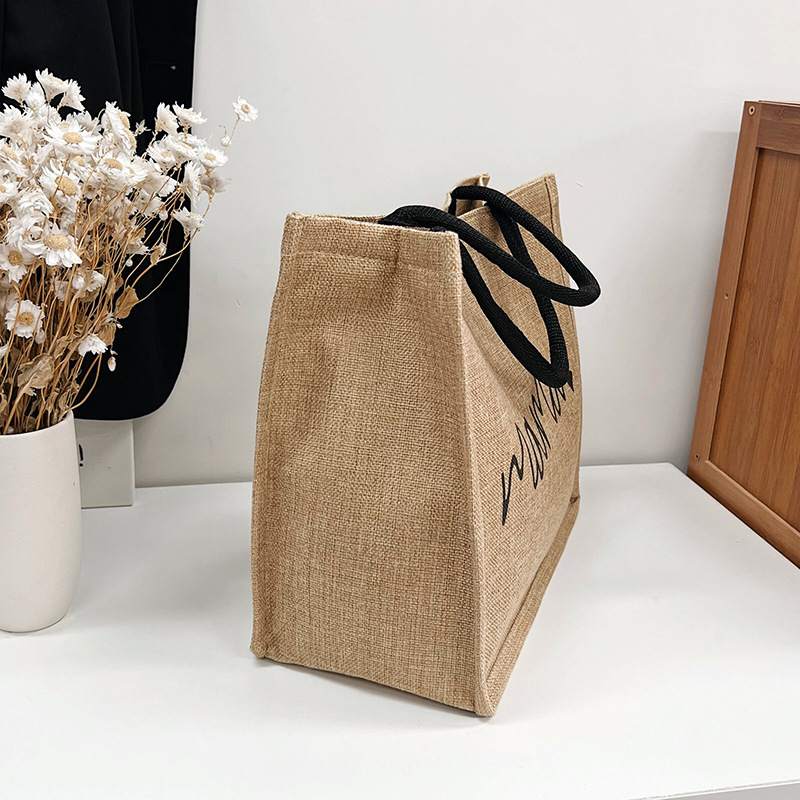 Памучно-ленова Tote чанта за жени – градски стил, малък квадрат, открита горна част, без подплата