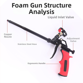 PTFE пистолет за пяна с превключвател и медна глава за полиуретанова пяна и уплътнител; макс налягане 200, макс поток 0,5, оптимално разстояние на пръскане 1000, материал: сплави/желязо/мед