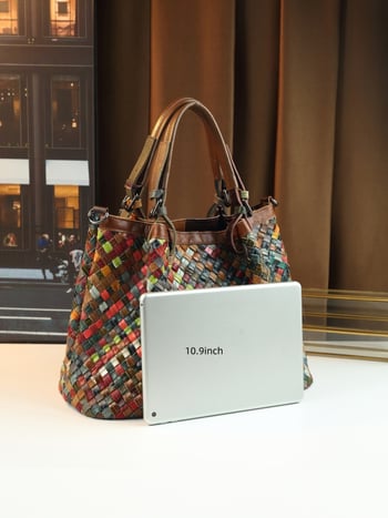 Valódi bőr patchwork Tote táska - első réteg marhabőr, cipzáras lezárás, vízszintes négyzetes forma, egy vállpánt