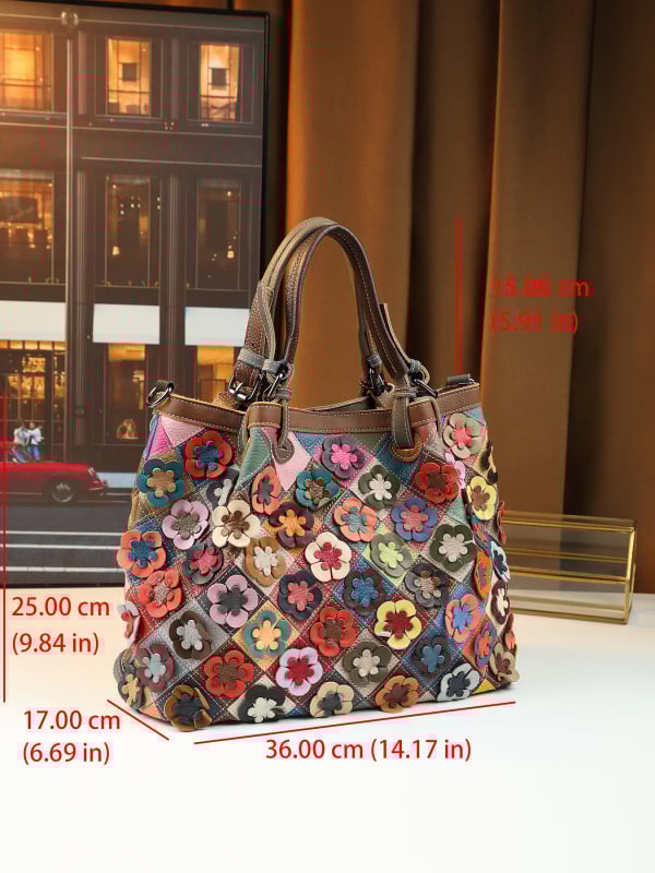 Valódi bőr patchwork Tote táska - első réteg marhabőr, cipzáras lezárás, vízszintes négyzetes forma, egy vállpánt