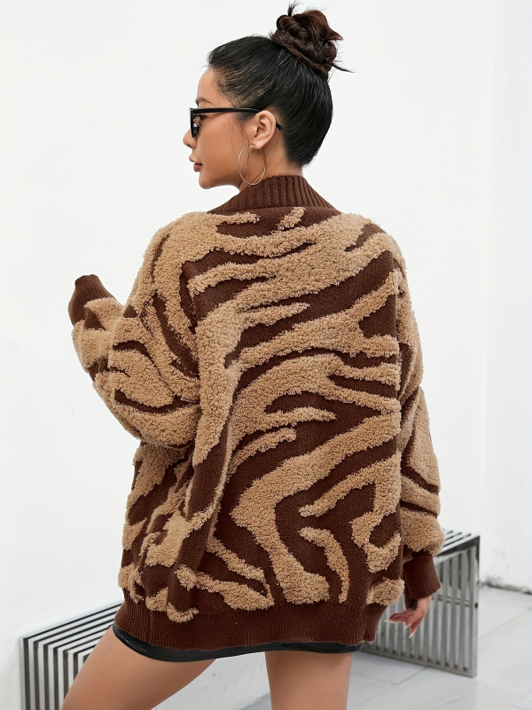 Moterų kardiganas su V kaklu, pūkuotas žakardas, vidutinio ilgio, 95% akrilo pluoštas