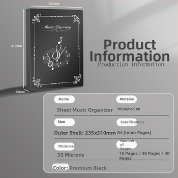 Папка за нотни партитури с прозрачно вътрешно джобче и водоустойчив документ пакет; покрита хартия, дебелина 0,55 мм, 20/30/40 страници