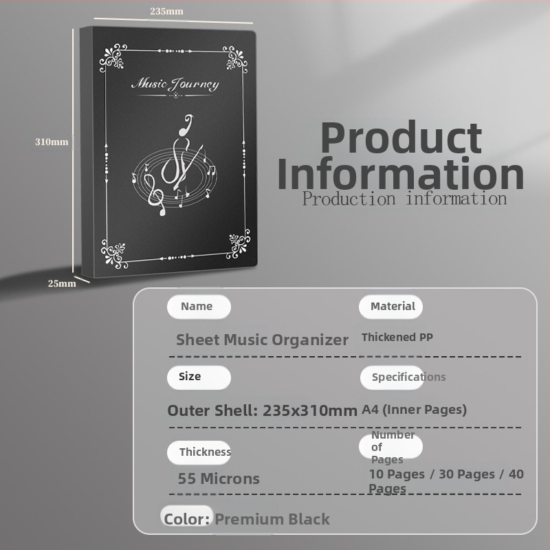 Папка за нотни партитури с прозрачно вътрешно джобче и водоустойчив документ пакет; покрита хартия, дебелина 0,55 мм, 20/30/40 страници