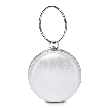 Дамска вечерна чанта за банкет с ембосиран метален корпус, кръгла форма, капак, заключване с щифт, едноцветен модел