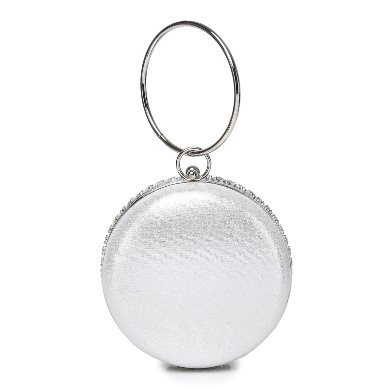 Дамска вечерна чанта за банкет с ембосиран метален корпус, кръгла форма, капак, заключване с щифт, едноцветен модел