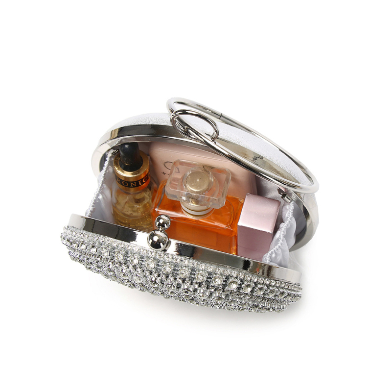 Дамска вечерна чанта за банкет с ембосиран метален корпус, кръгла форма, капак, заключване с щифт, едноцветен модел