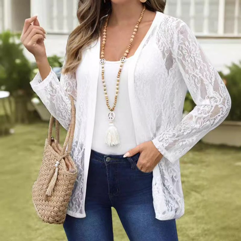 Geacă de protecție solară cu panouri din dantelă și inserții transparente, poliester, mâneci lungi, lungime 65–80 cm, UPF30+