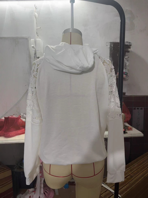 Hanorac damă cu insertie dantelată, mâneci lungi, glugă, poliester, stil casual japonez-coreean, toamnă 2025