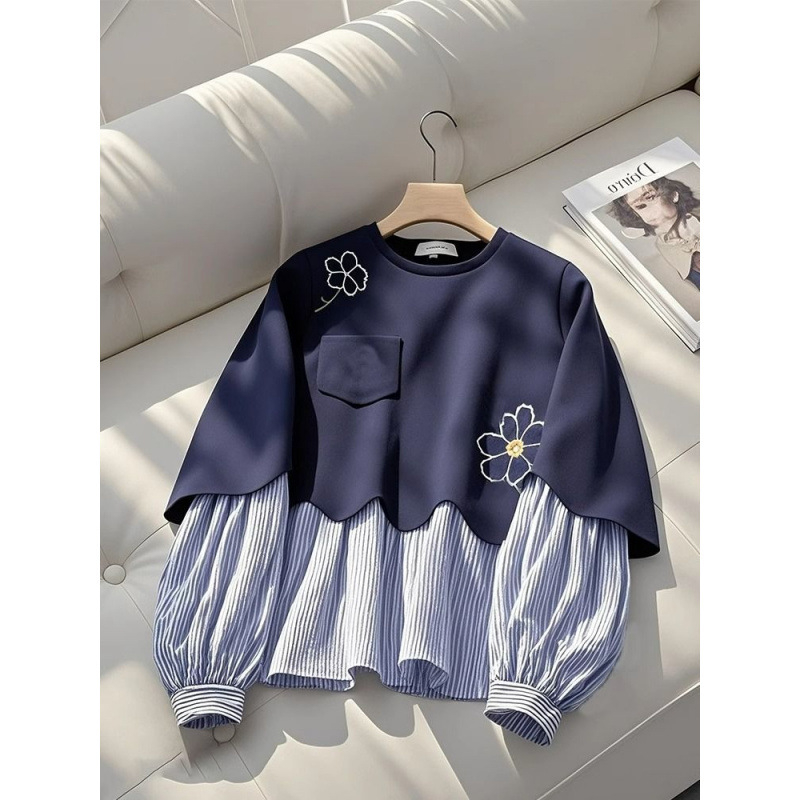 Top damă pulover, guler rotund, stil urban, mâneci lungi cu volane, poliester 90–95%