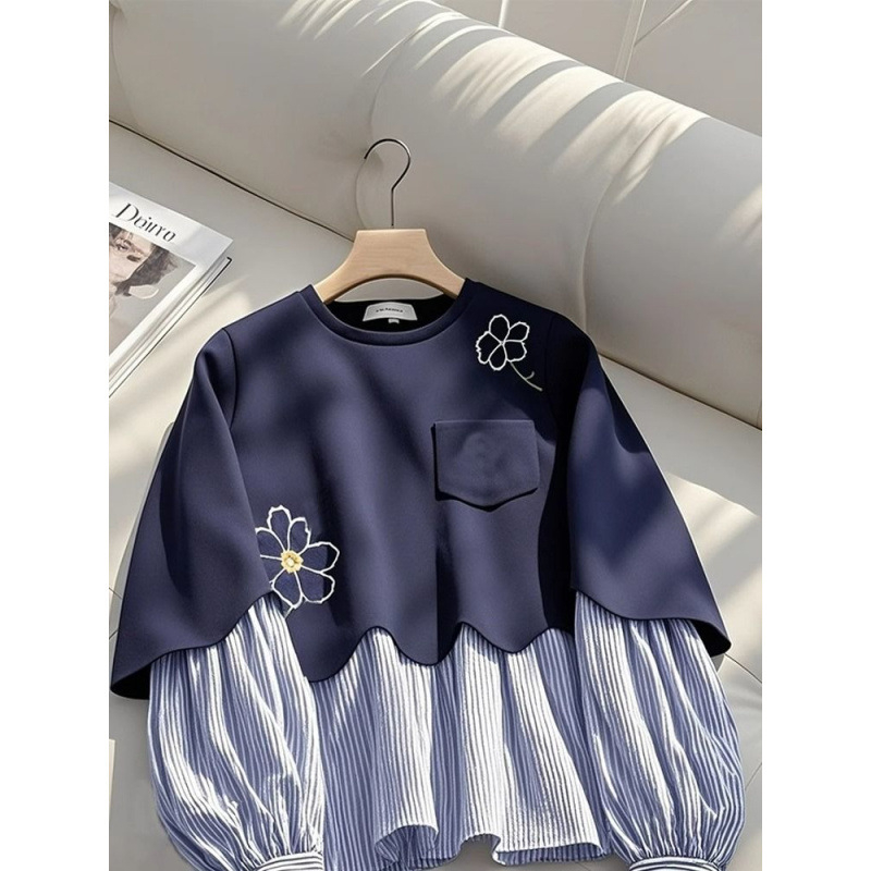 Top damă pulover, guler rotund, stil urban, mâneci lungi cu volane, poliester 90–95%