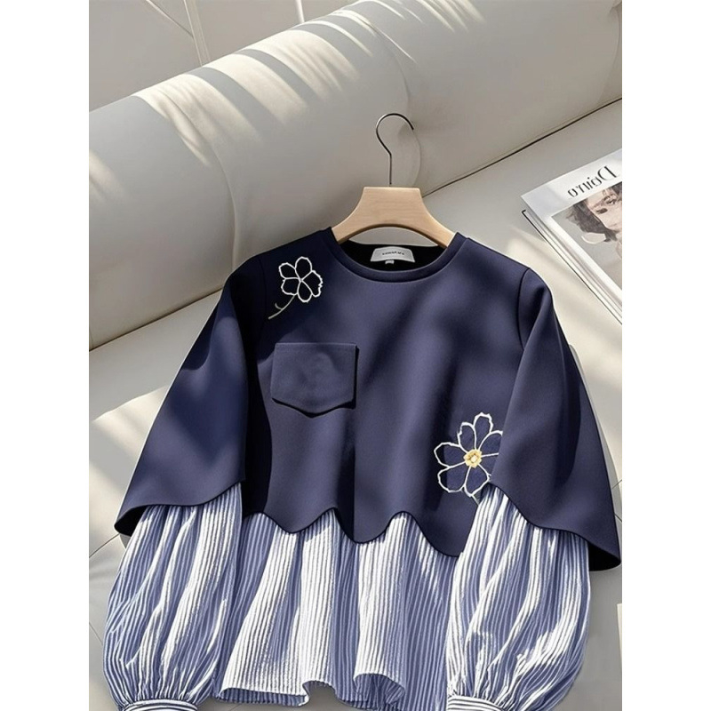 Top damă pulover, guler rotund, stil urban, mâneci lungi cu volane, poliester 90–95%