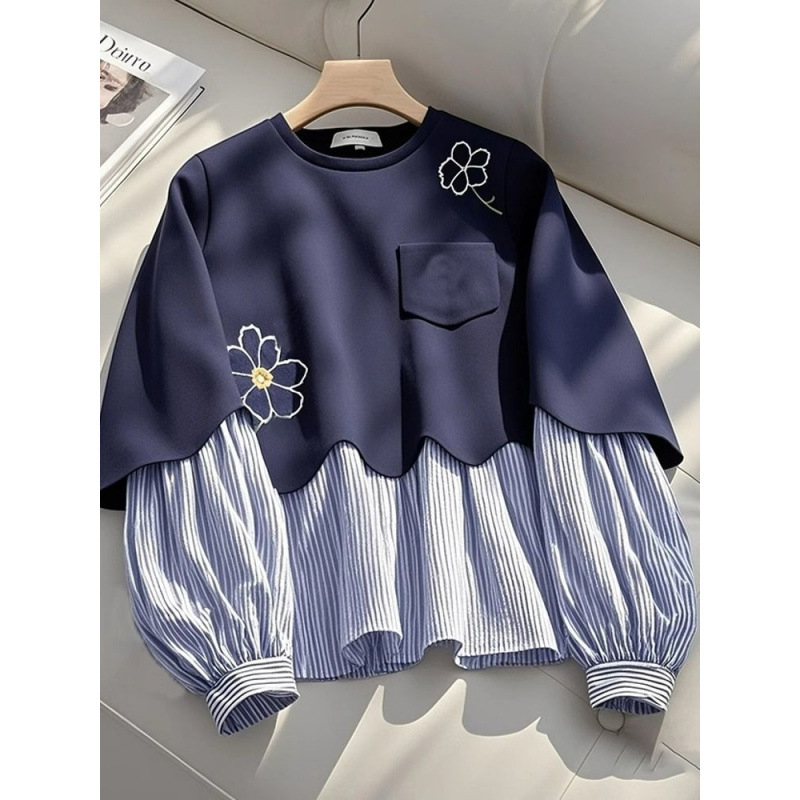 Top damă pulover, guler rotund, stil urban, mâneci lungi cu volane, poliester 90–95%